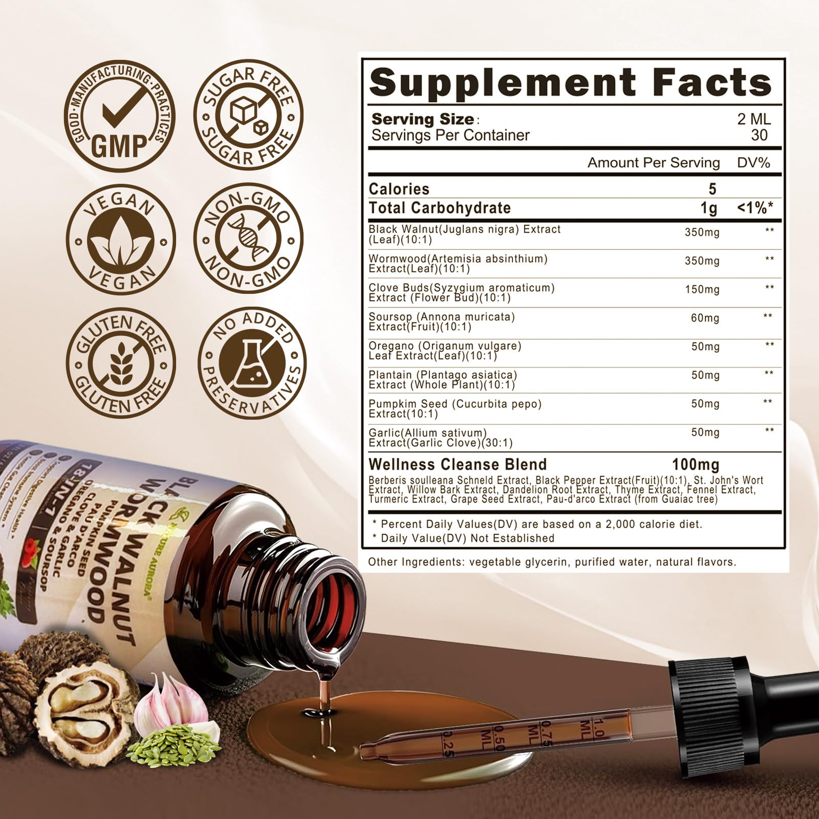 Nature Aurora Wormwood-Walnut-Drops pour into a glass showing a ready-to-use formula