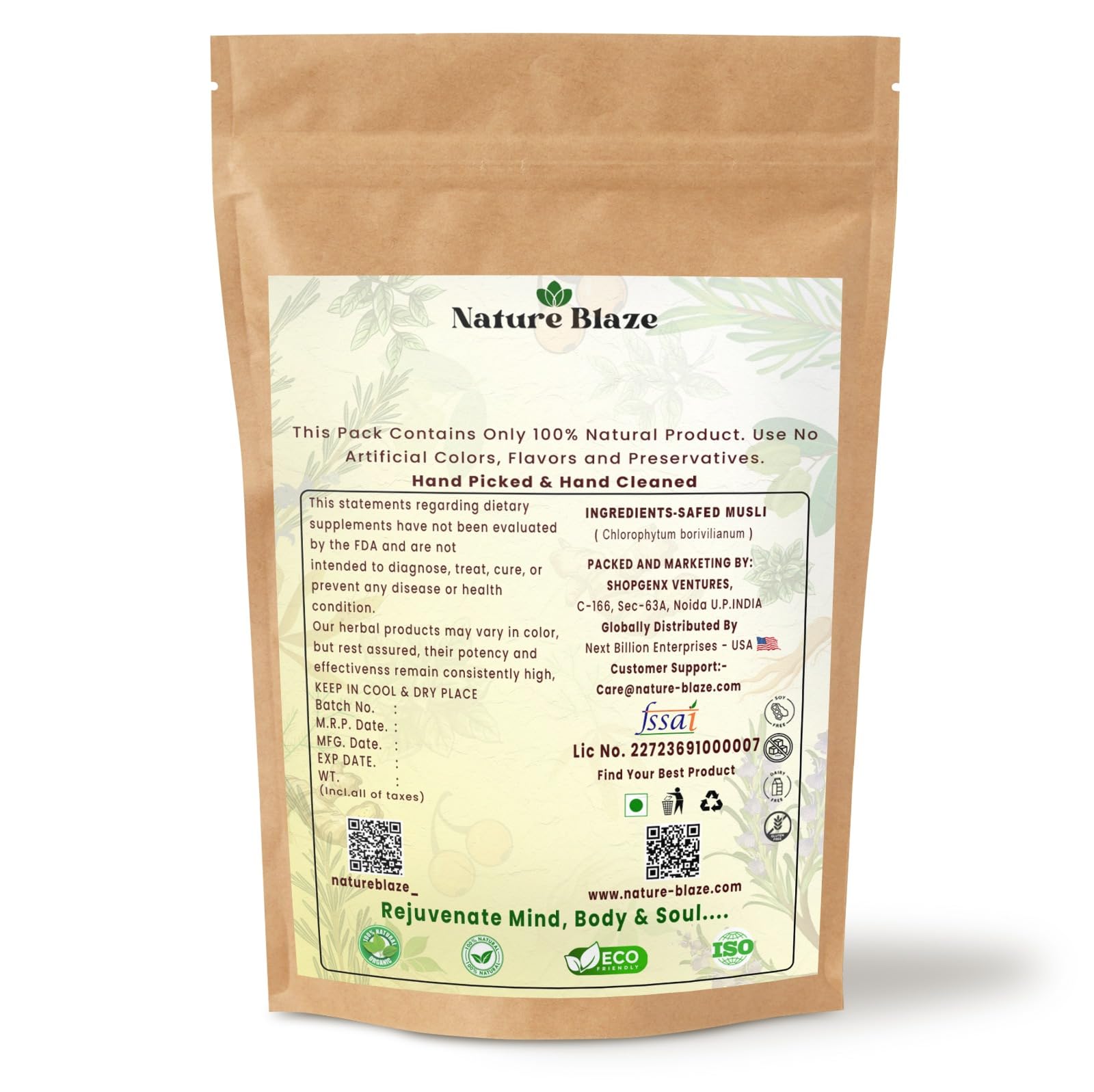 Nature Blaze Safed Musli Powder close-up reveals fine texture suitable for smoothies.