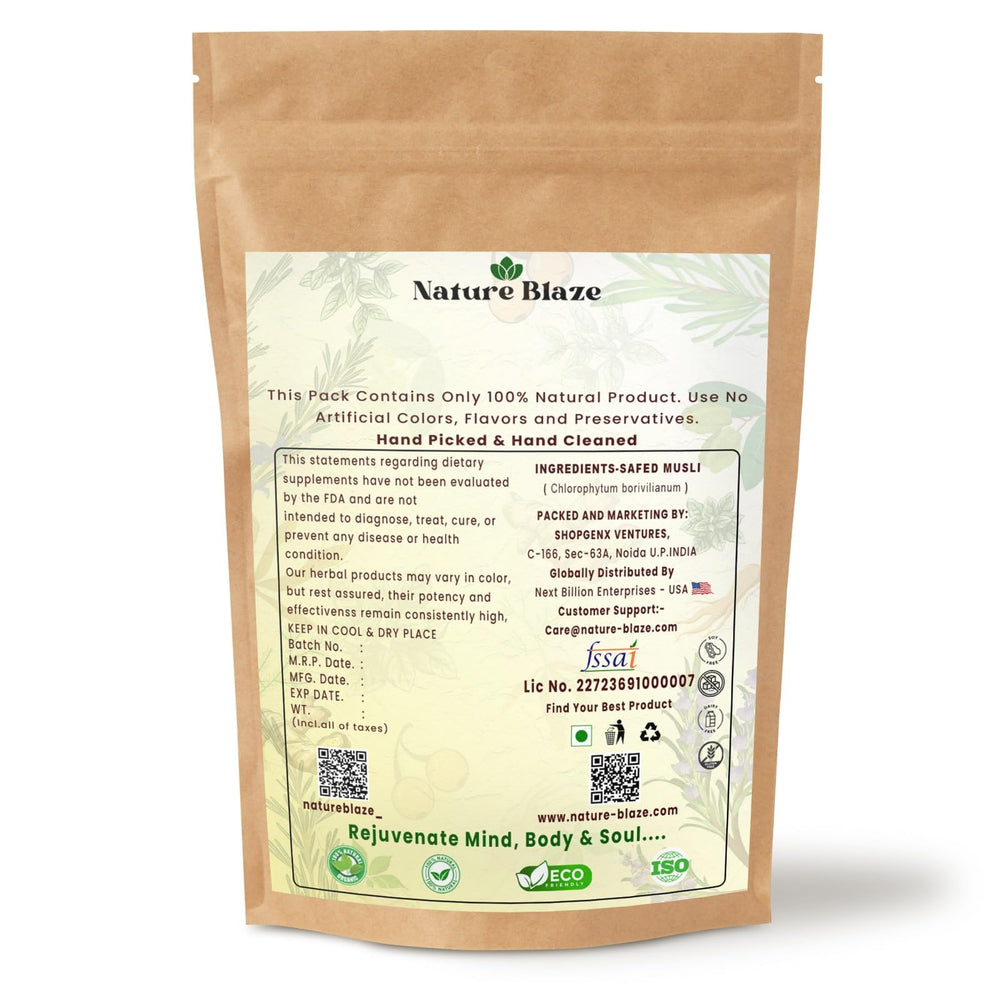 Nature Blaze Safed Musli Powder close-up reveals fine texture suitable for smoothies.