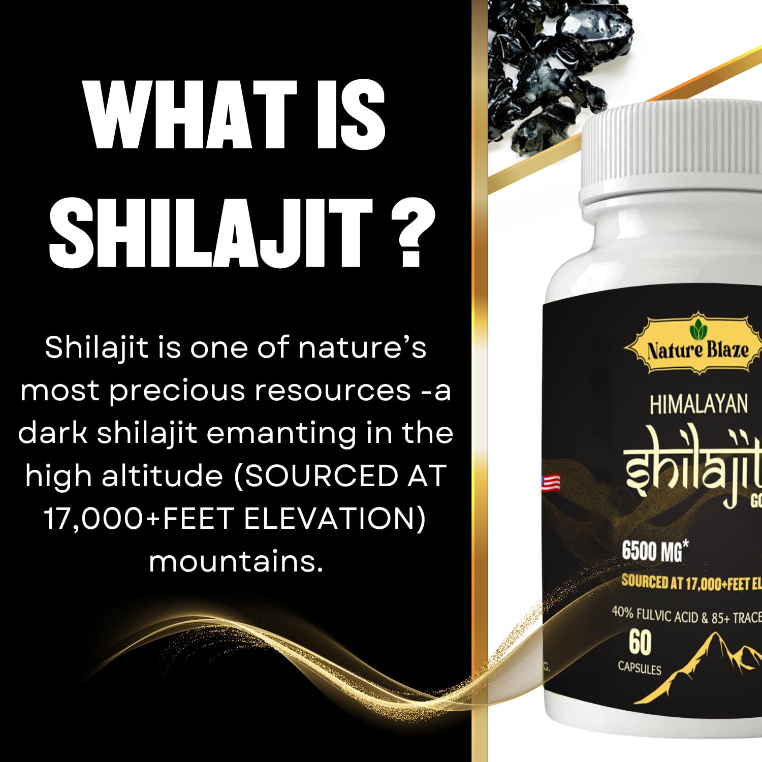 Nature Blaze Shilajit capsules close-up — shows purity and potency.