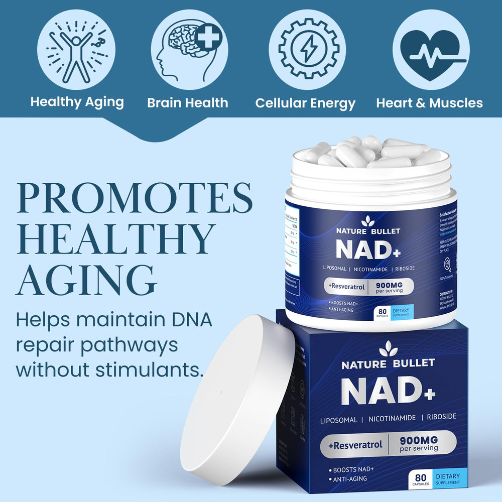 Nature Bullet NAD+ liposomal NR capsules closeup highlights premium formulation.