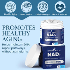 Nature Bullet NAD+ liposomal NR capsules closeup highlights premium formulation.