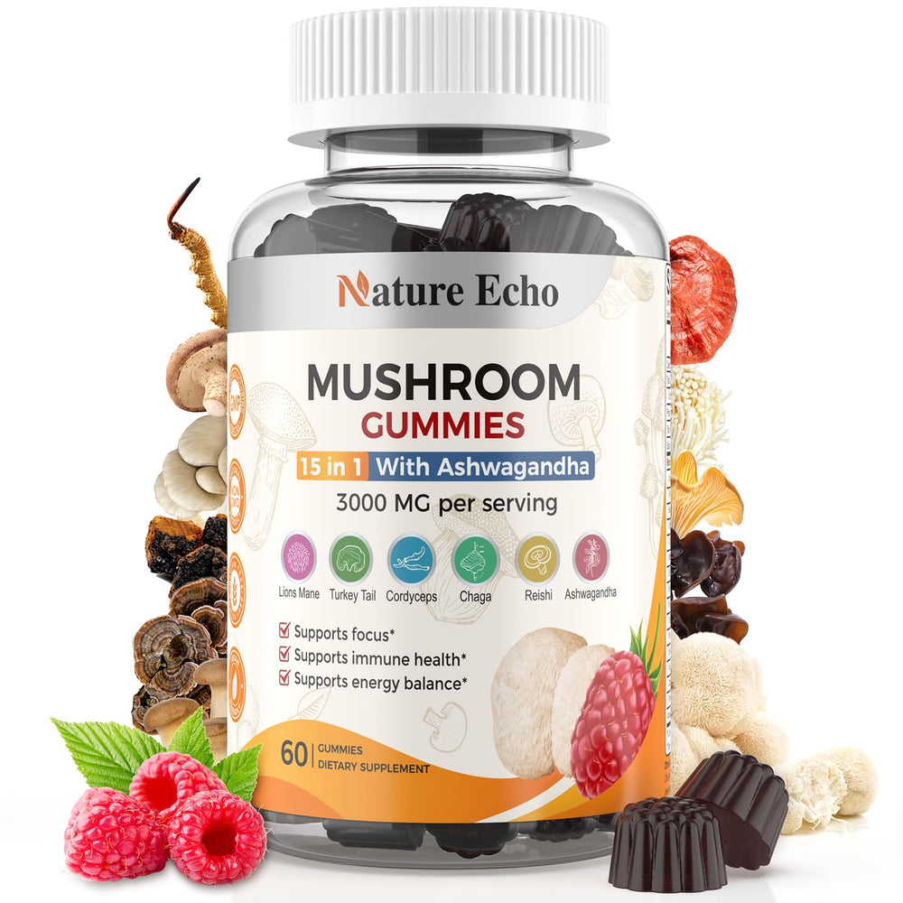 Nature Echo bottle showing 15 in 1 mushroom complex for daily wellness.