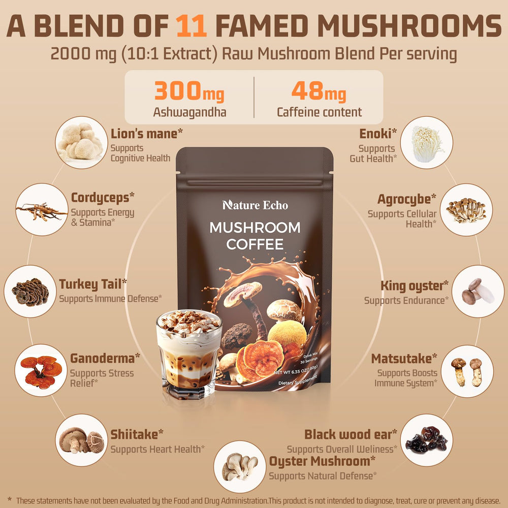 Nature Echo Ashwagandha and Cordyceps blend scene for stress-friendly energy.