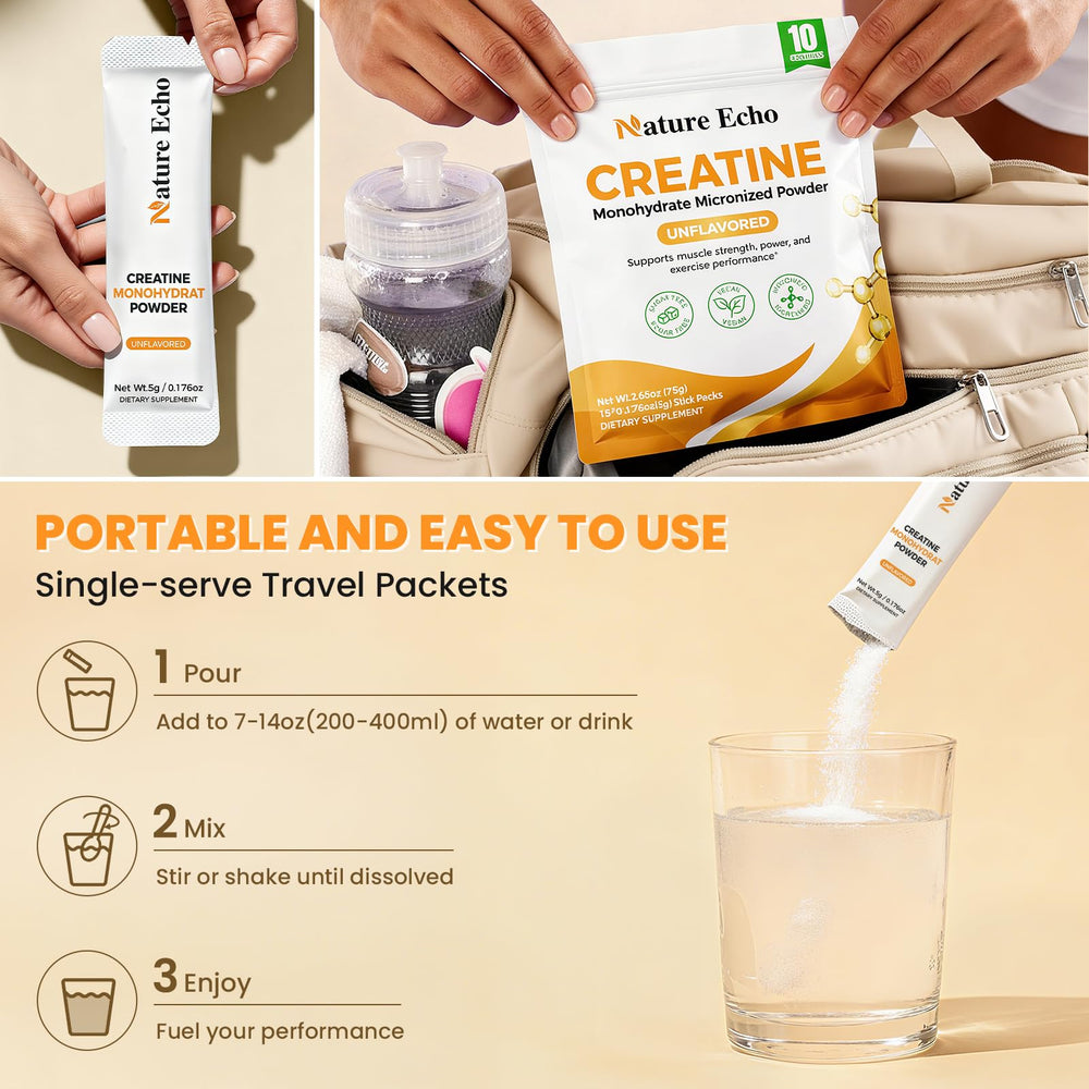 Nature Echo Creatine single-serve packets provide consistent daily dosing.
