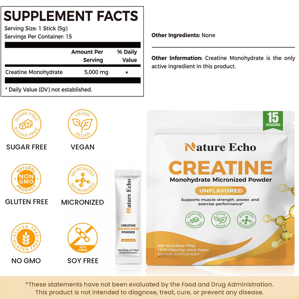Nature Echo pure creatine monohydrate jar label highlighting gluten-free, vegan ingredients.