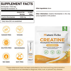 Nature Echo pure creatine monohydrate jar label highlighting gluten-free, vegan ingredients.