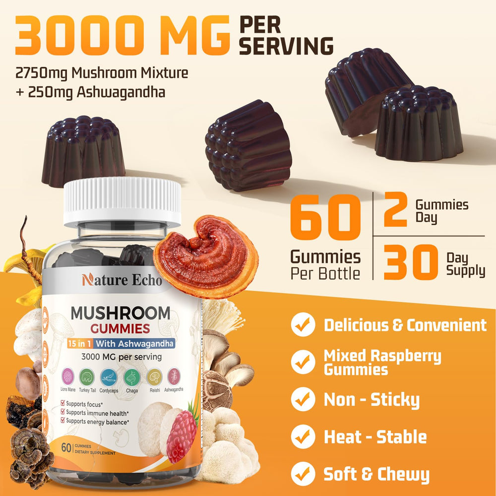 Mushroom blend close-up with Nature Echo branding indicating cognitive support potential.