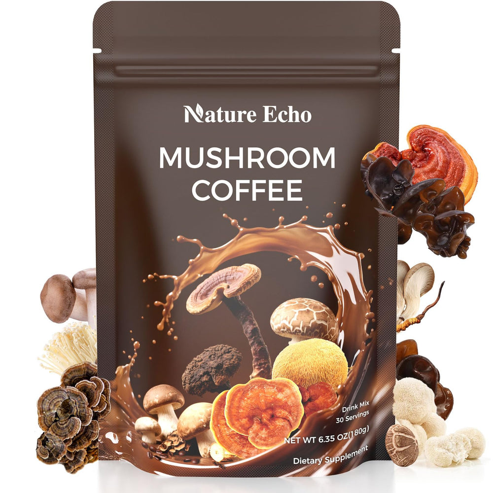 Nature Echo Mushroom Coffee jar front for a focused morning boost.