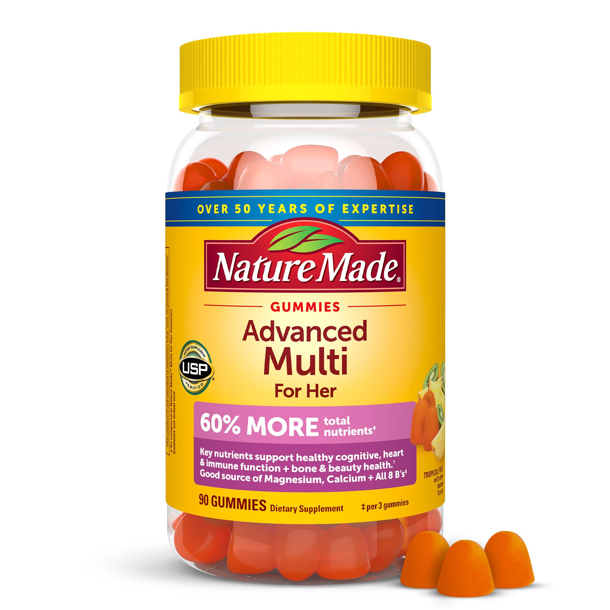 Nature Made Advanced Multivitamin Gummies for Her bottle front supports daily wellness.