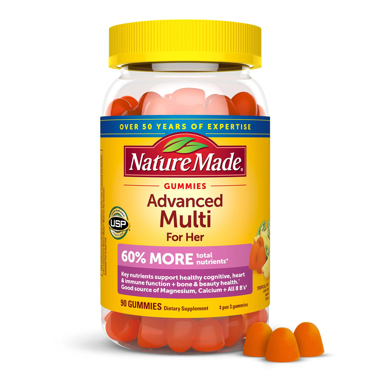 Nature Made Advanced Multivitamin Gummies for Her bottle front supports daily wellness.