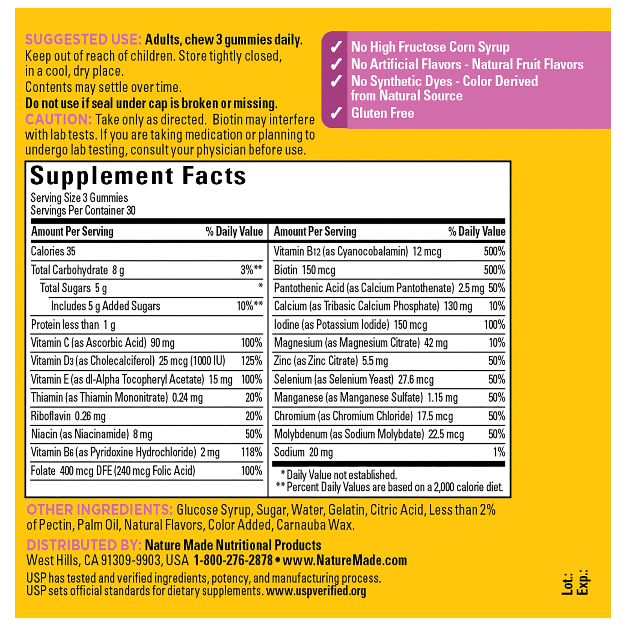 Nature Made Advanced Multivitamin Gummies for Her label close-up highlights key vitamins.