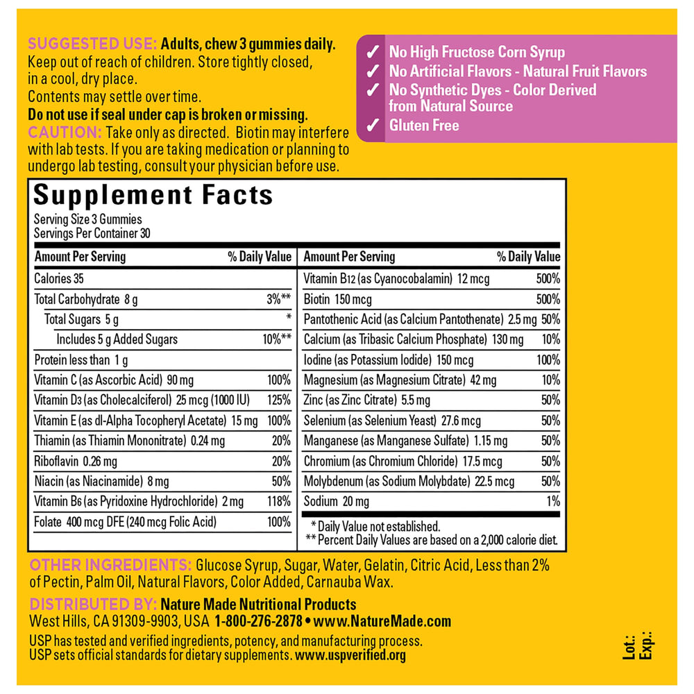 Nature Made Advanced Multivitamin Gummies for Her label close-up highlights key vitamins.