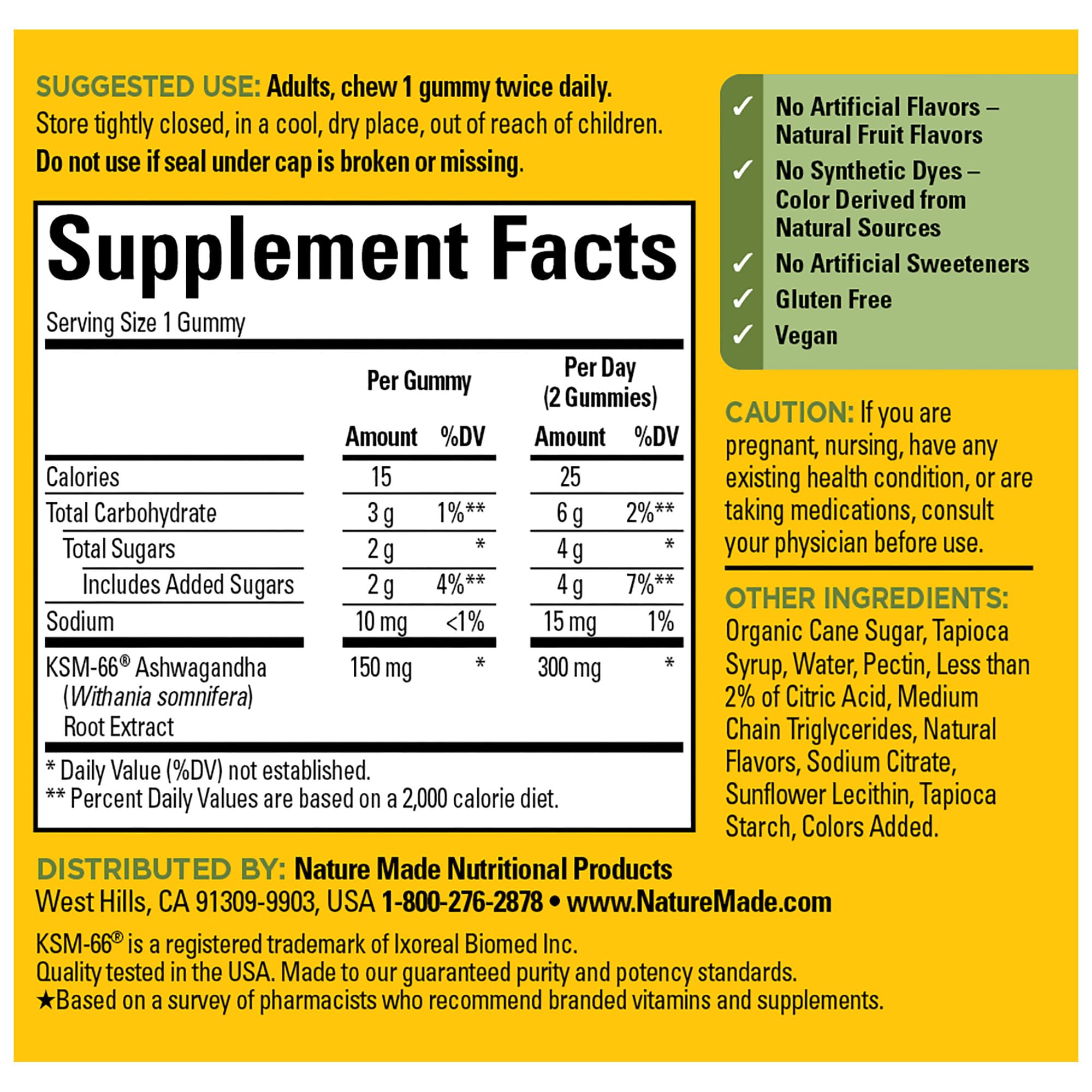 Nature Made Ashwagandha Gummies gluten-free label emphasizes clean dietary options.