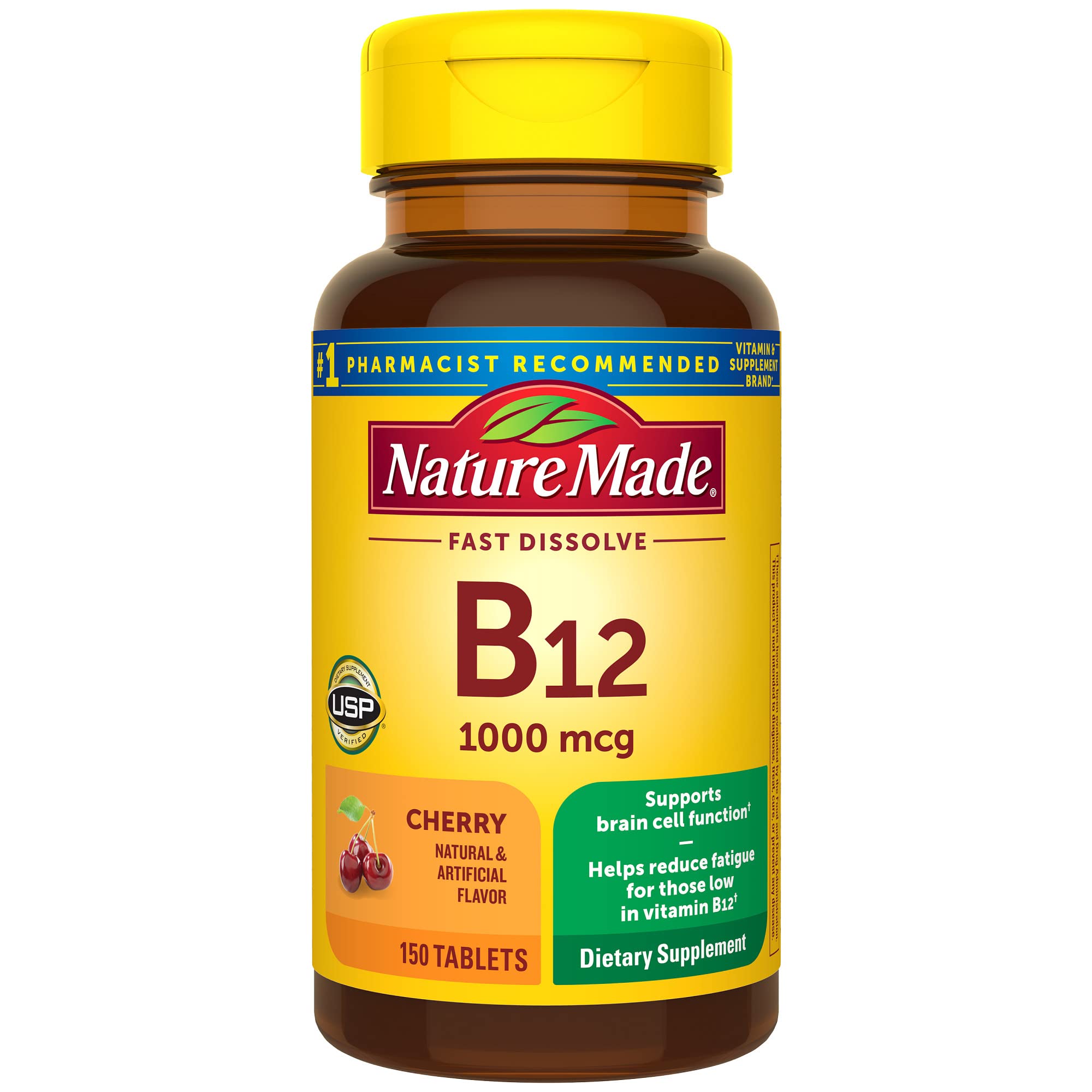 Nature Made B12 1000 mcg fast dissolve tablet under tongue for convenient energy support.