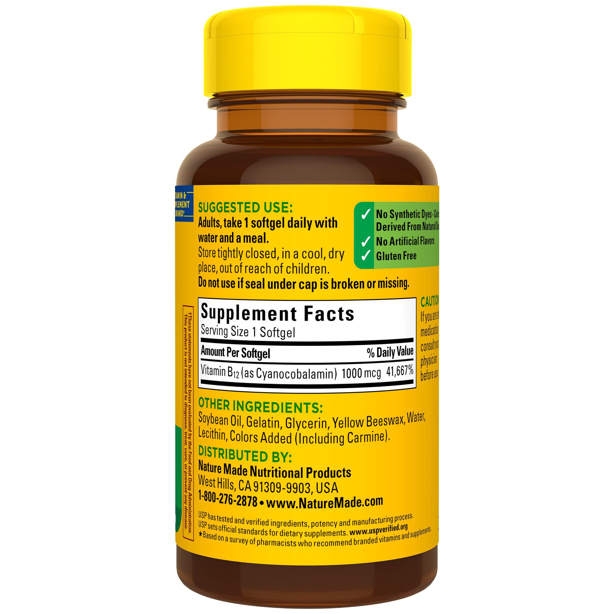 Nature Made B12 softgels beside water glass demonstrates take with meals