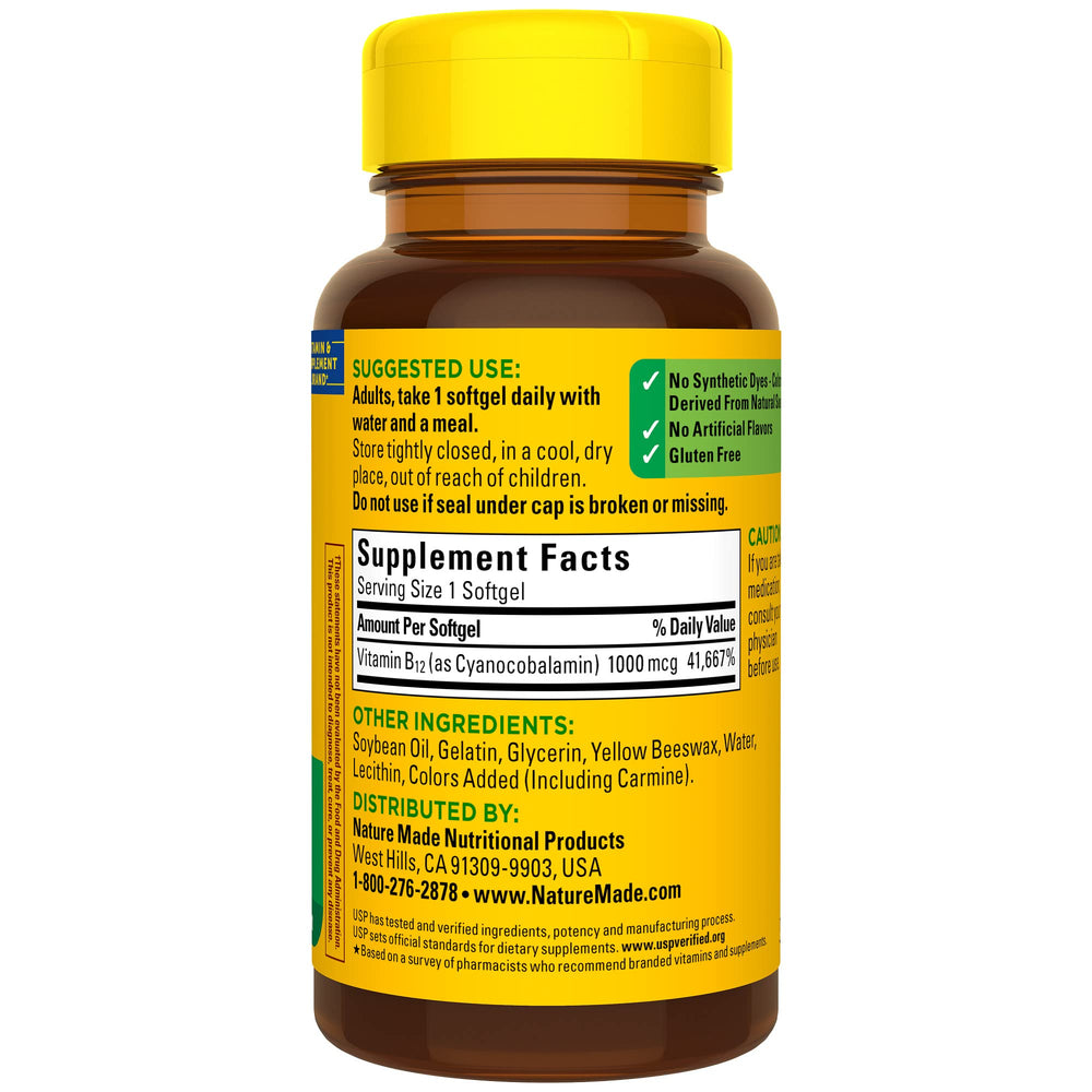 Nature Made B12 softgels beside water glass demonstrates take with meals