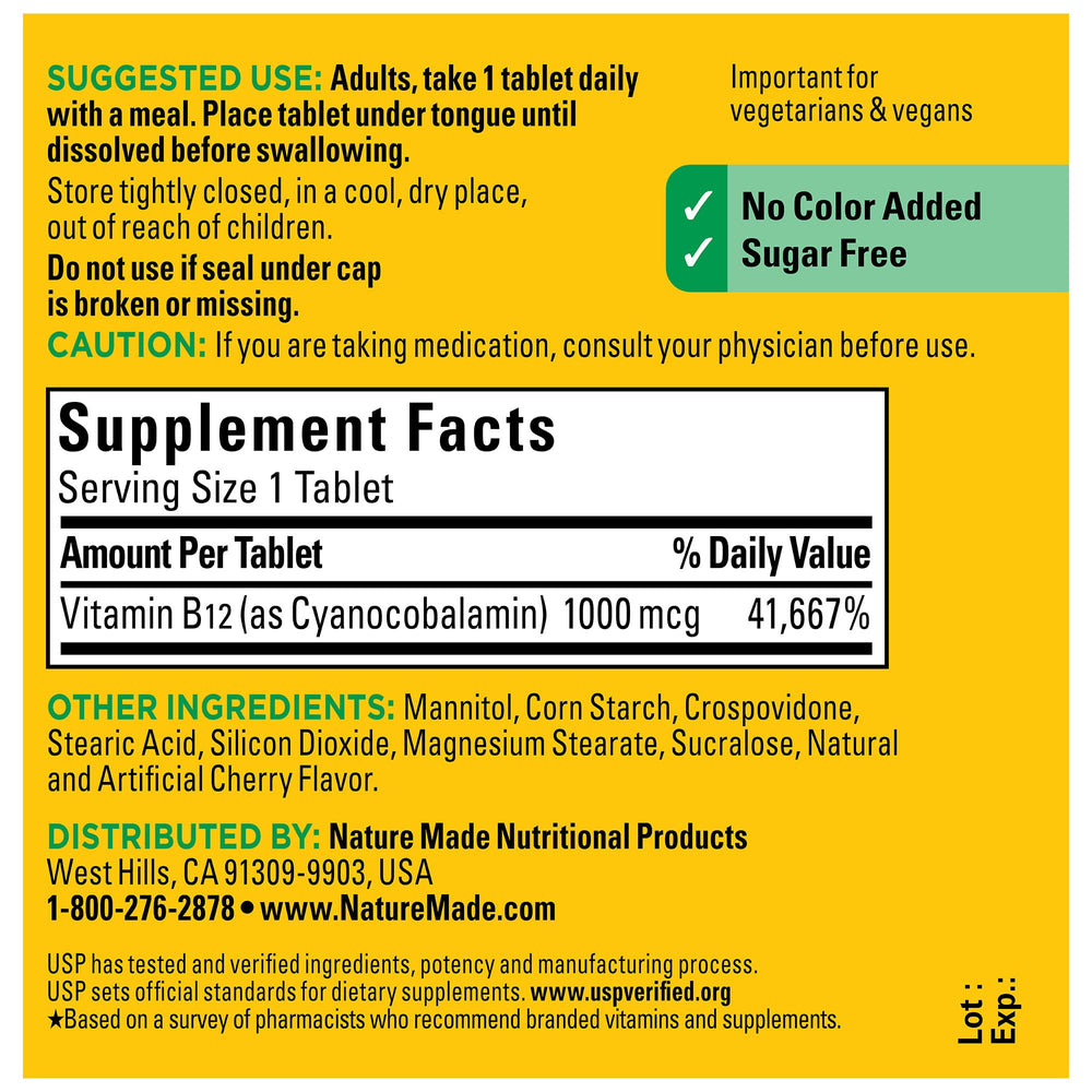 Nature Made B12 1000 mcg sugar-free formula for mindful supplementation.