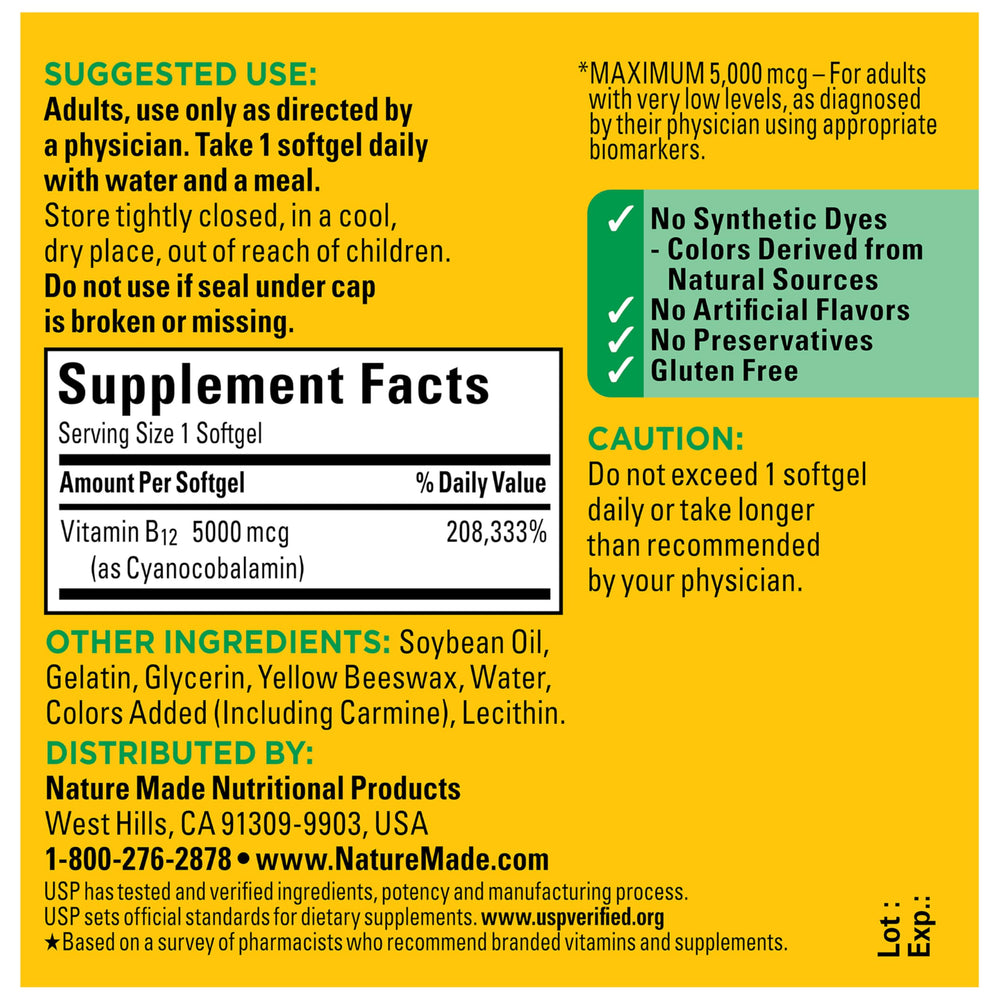 Nature Made Vitamina B12 5000 mcg sin colorantes ni conservantes