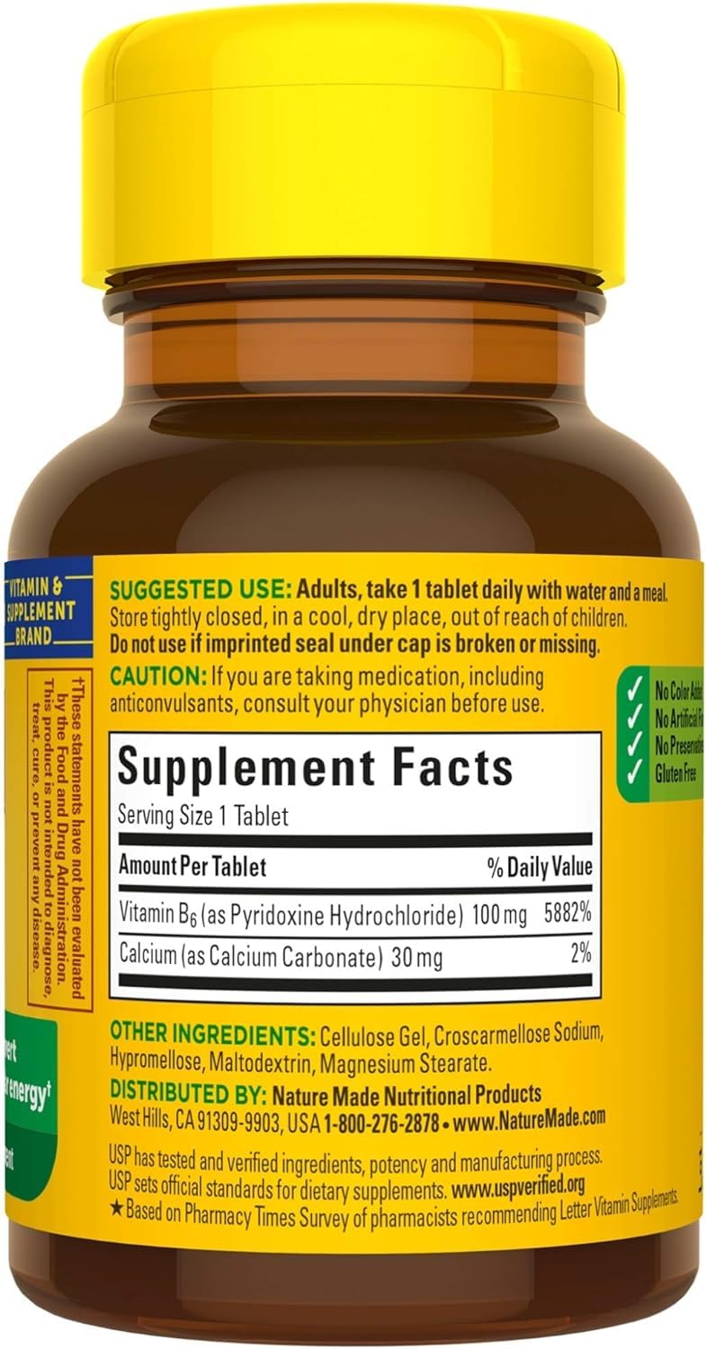 Nature Made B6 100 mg ingredients table highlighting essential vitamin profile.