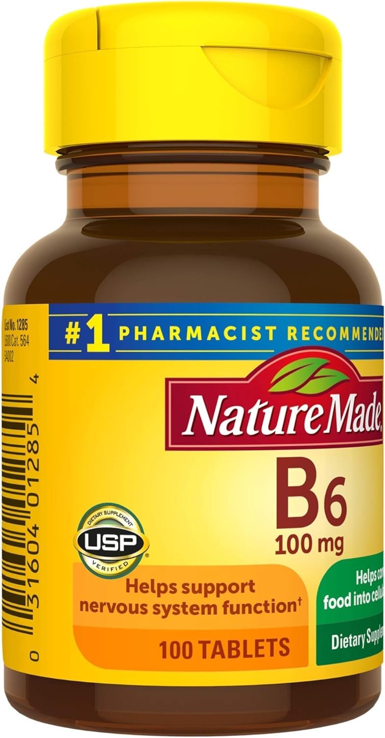 Nature Made B6 100 mg label close-up emphasizing daily dose and health support.