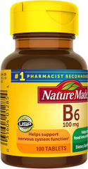 Nature Made B6 100 mg label close-up emphasizing daily dose and health support.