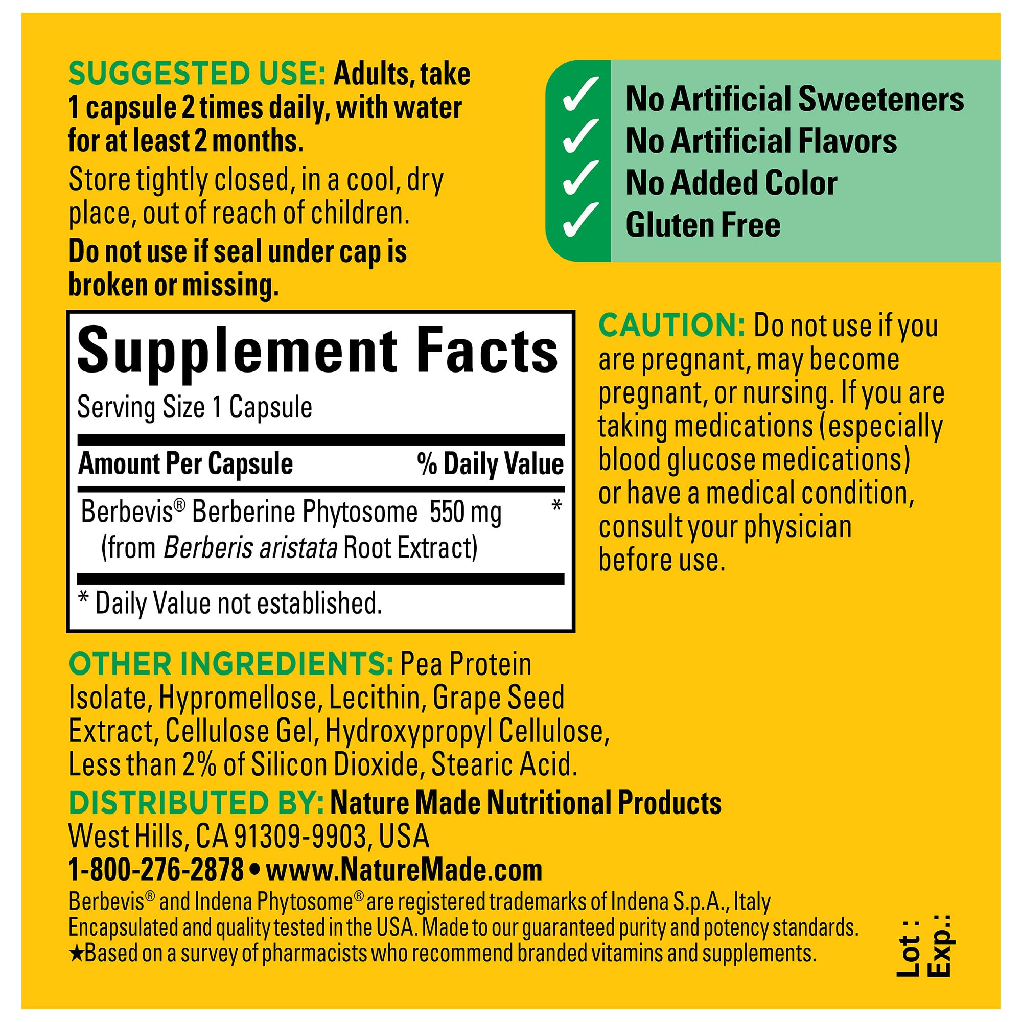 Open Nature Made Berberine Phytosome bottle with nutrition label for easy reference