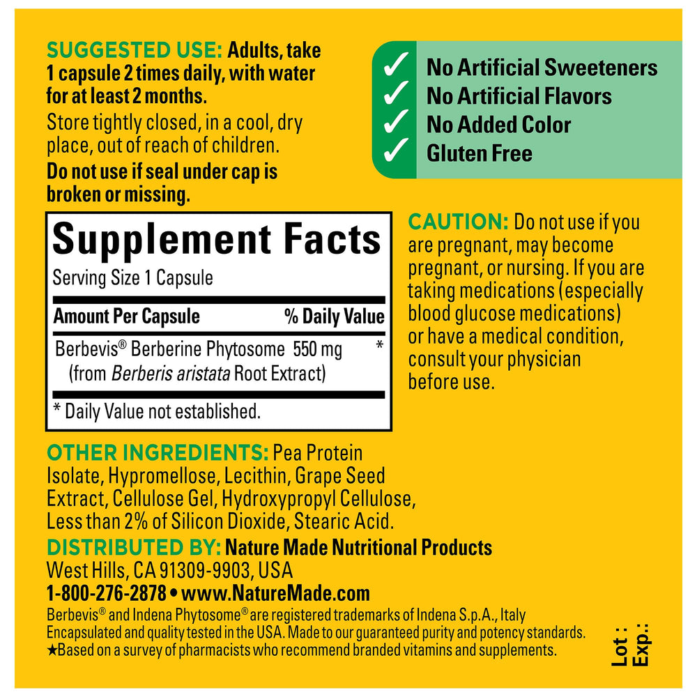 Open Nature Made Berberine Phytosome bottle with nutrition label for easy reference
