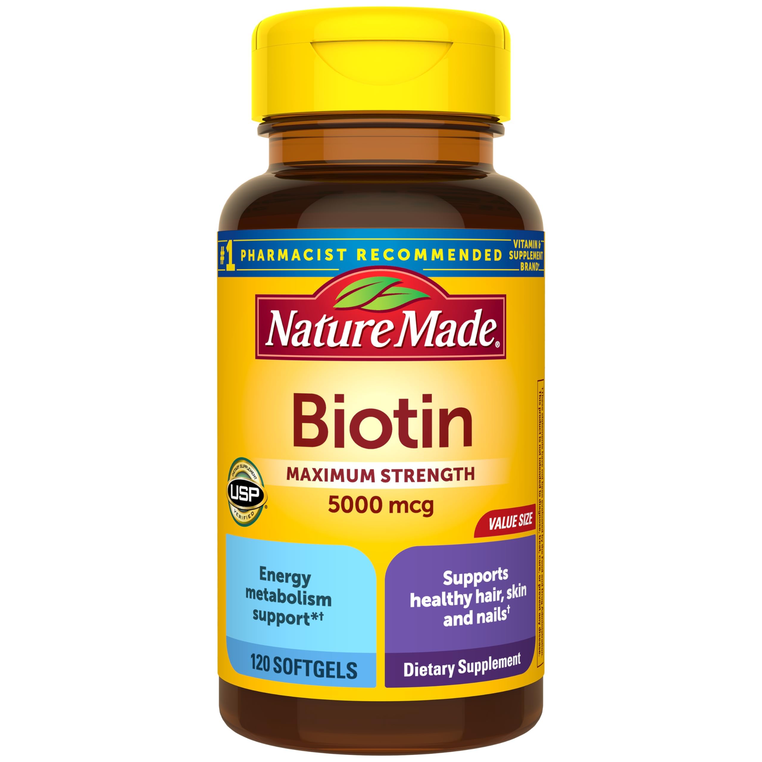 Nature Made Biotin 5000 mcg softgel bottle on counter for daily hair and nail support.