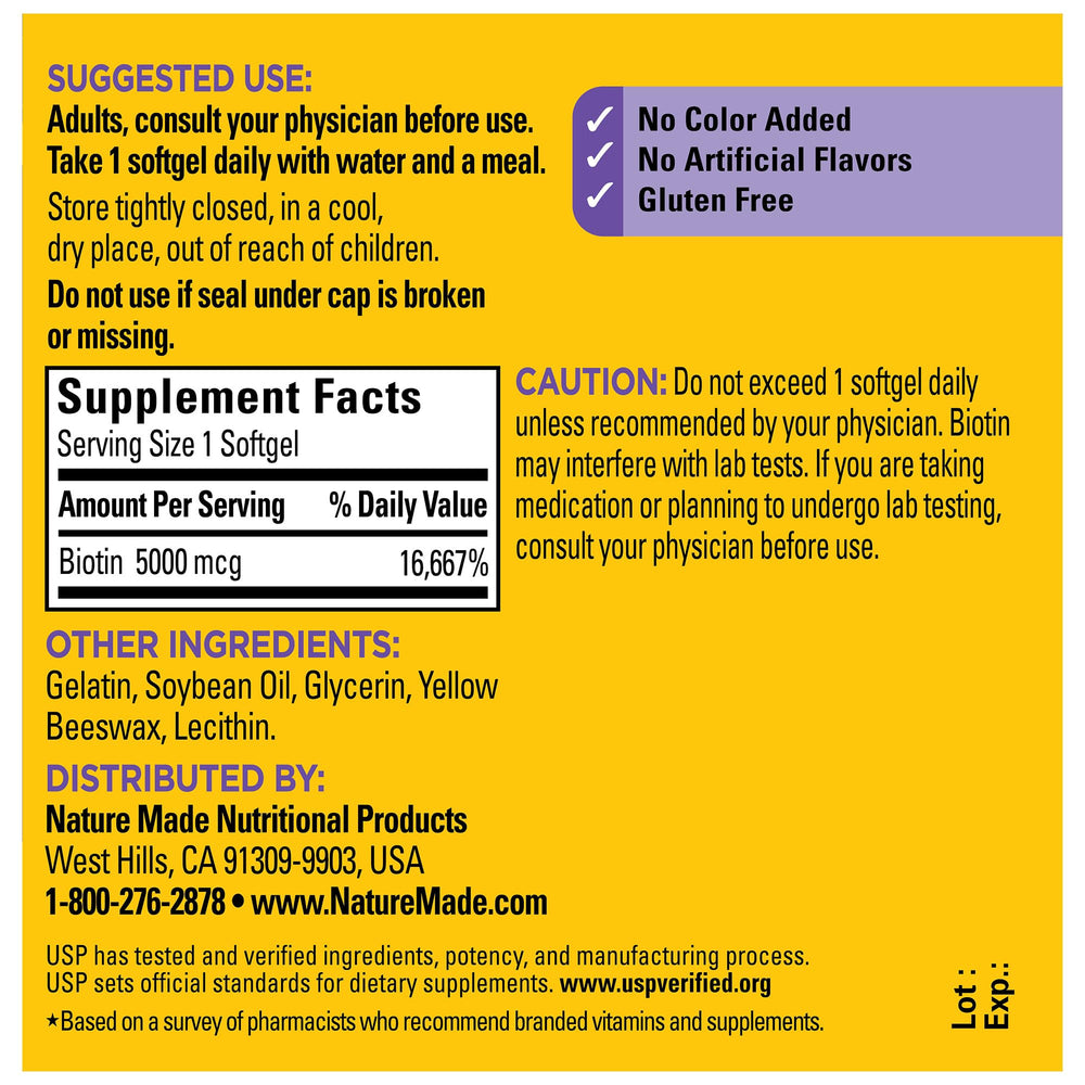 Close up Nature Made Biotin 5000 mcg bottle highlighting energy metabolism support.