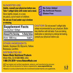 Close up Nature Made Biotin 5000 mcg bottle highlighting energy metabolism support.