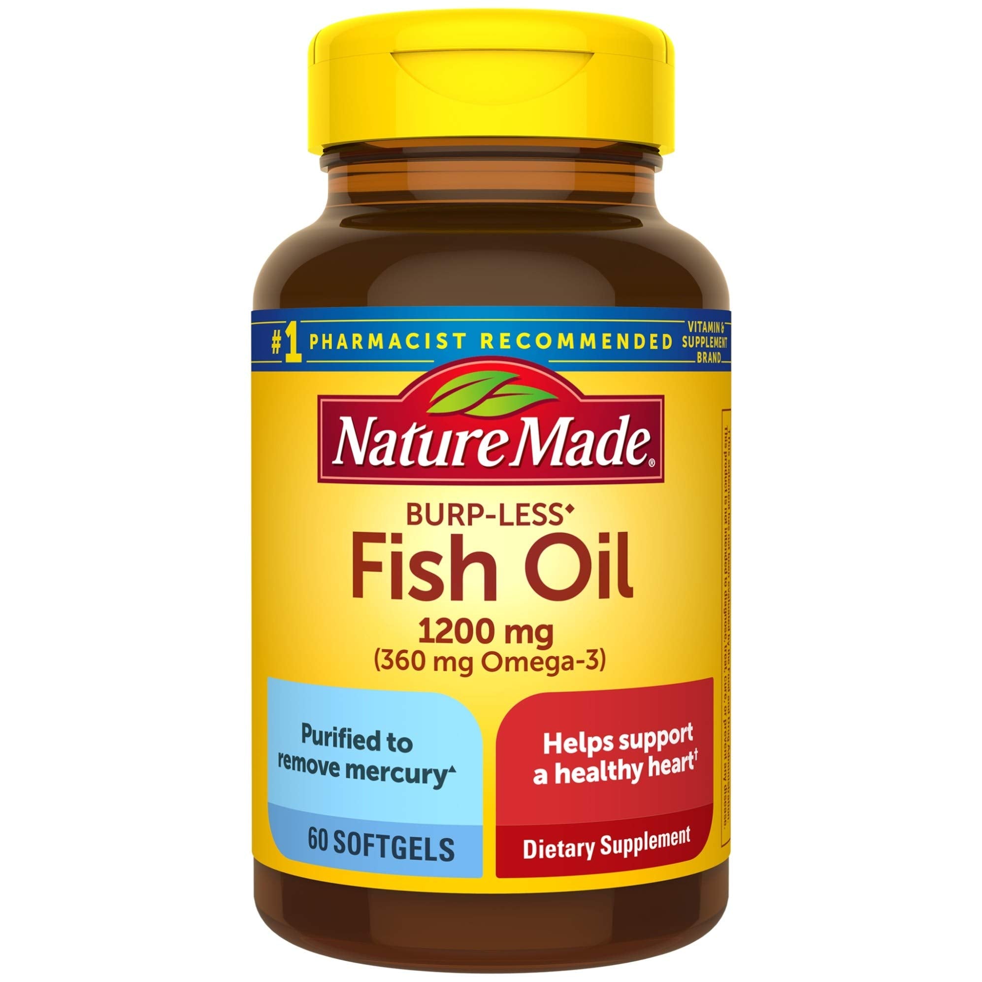 Nature Made Burp-Less Fish Oil bottle shows 1200 mg omega-3 per serving.