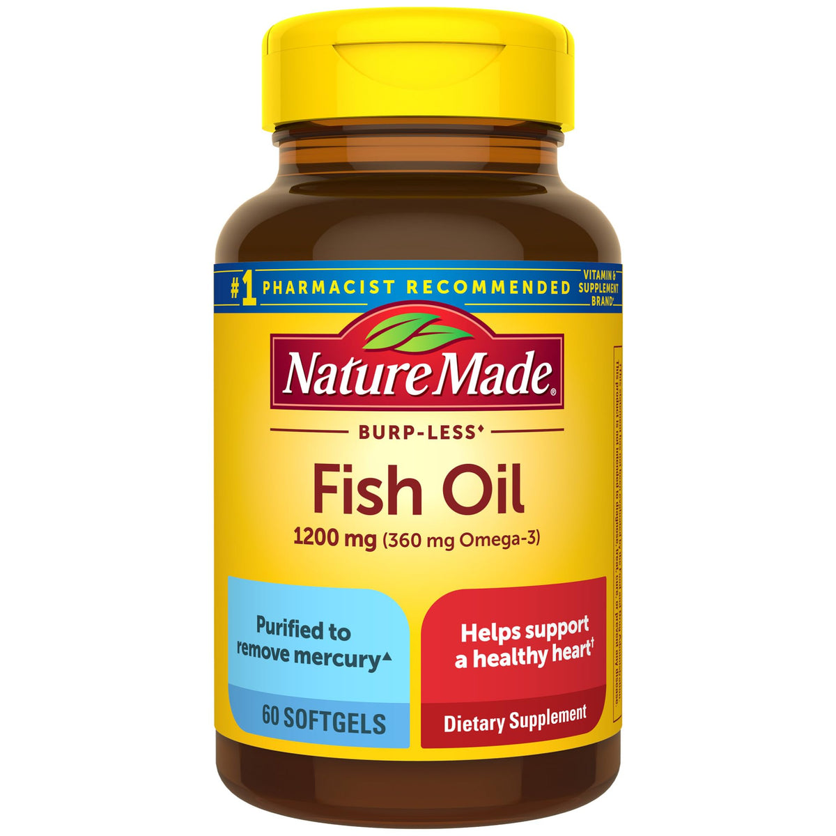 Nature Made Burp Less Fish Oil bottle front view, 60 softgels for daily omega-3 support.