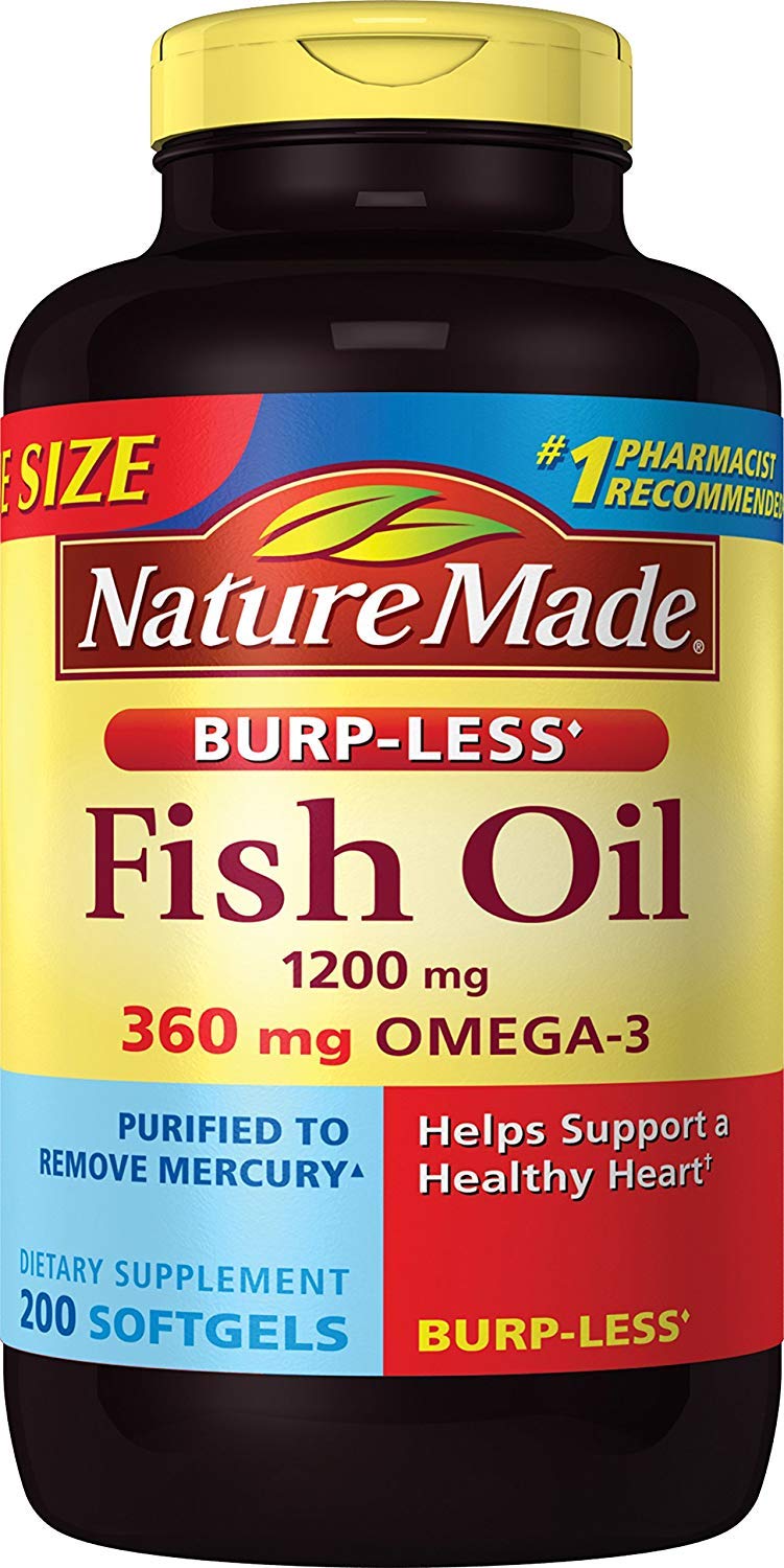 Nature Made Burp-Less Fish Oil 1200 mg softgels in bottle for daily omega-3.