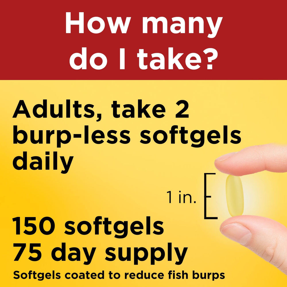 Nature Made Burp Less fish oil bottle with glass of water.