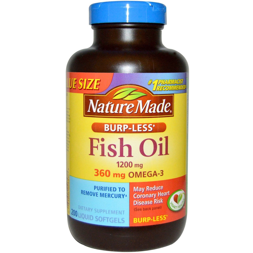 Nature Made Burp-Less Fish Oil bottle with softgels reduces aftertaste and supports omega-3 intake