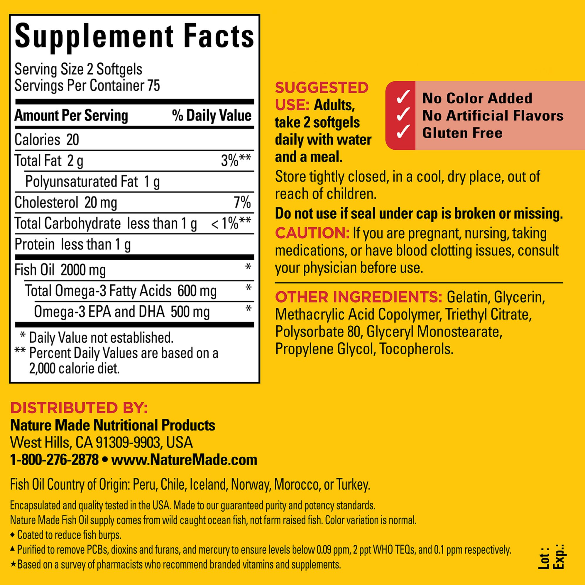Nature Made Burp Less Fish Oil softgels pour showing easy daily dosing.