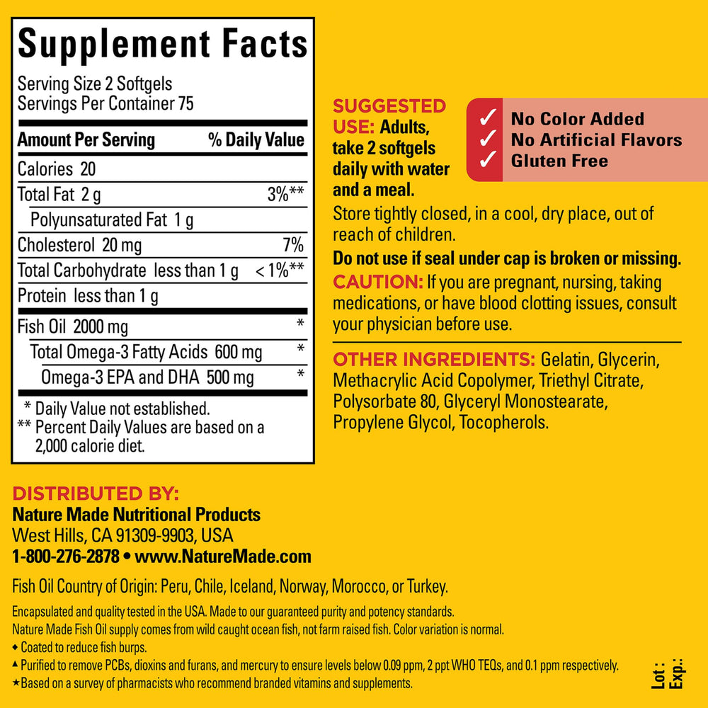 Nature Made Burp Less Fish Oil softgels pour showing easy daily dosing.