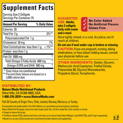 Nature Made Burp Less Fish Oil softgels pour showing easy daily dosing.
