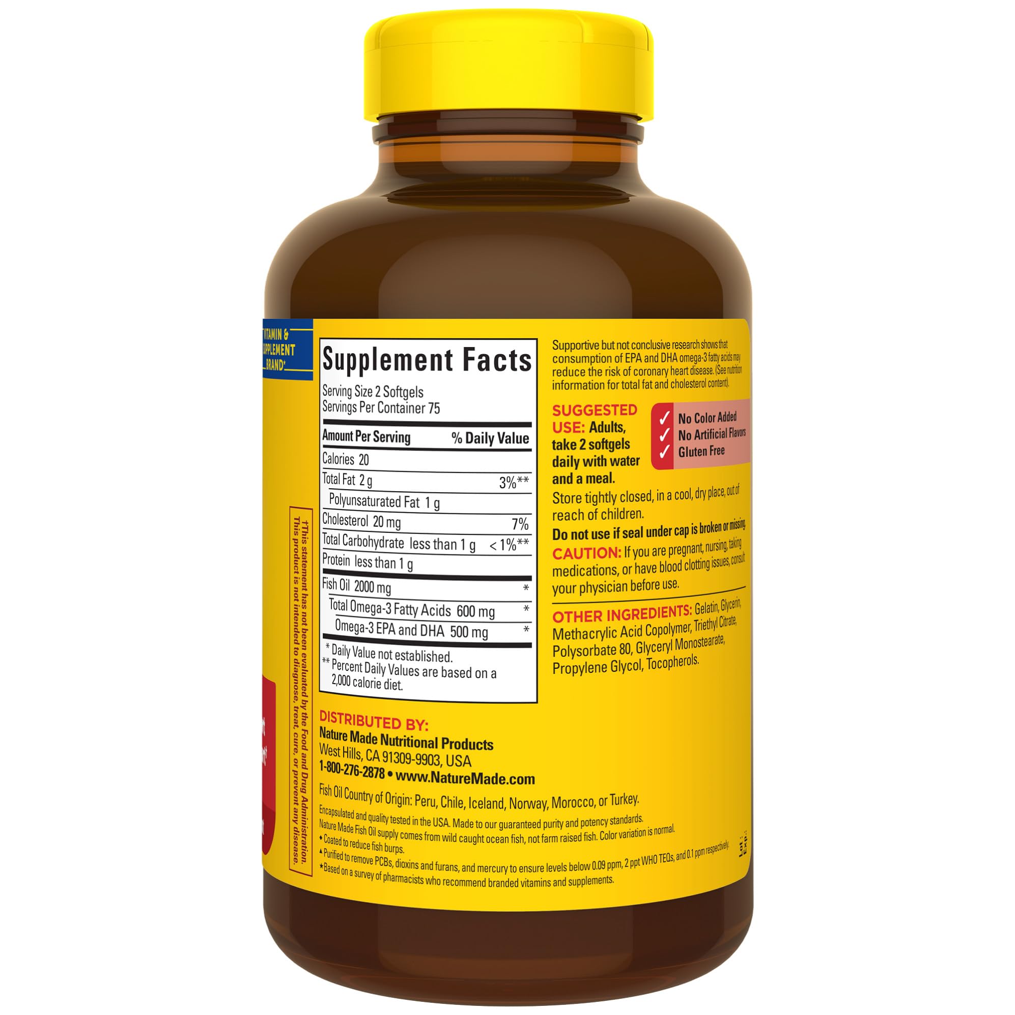 Nature Made Burp Less fish oil with purified content claim on label.