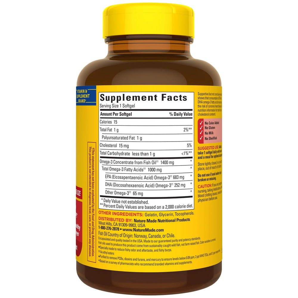 Nature Made Burp Less Ultra Omega-3 softgels on kitchen counter ready for daily routine.