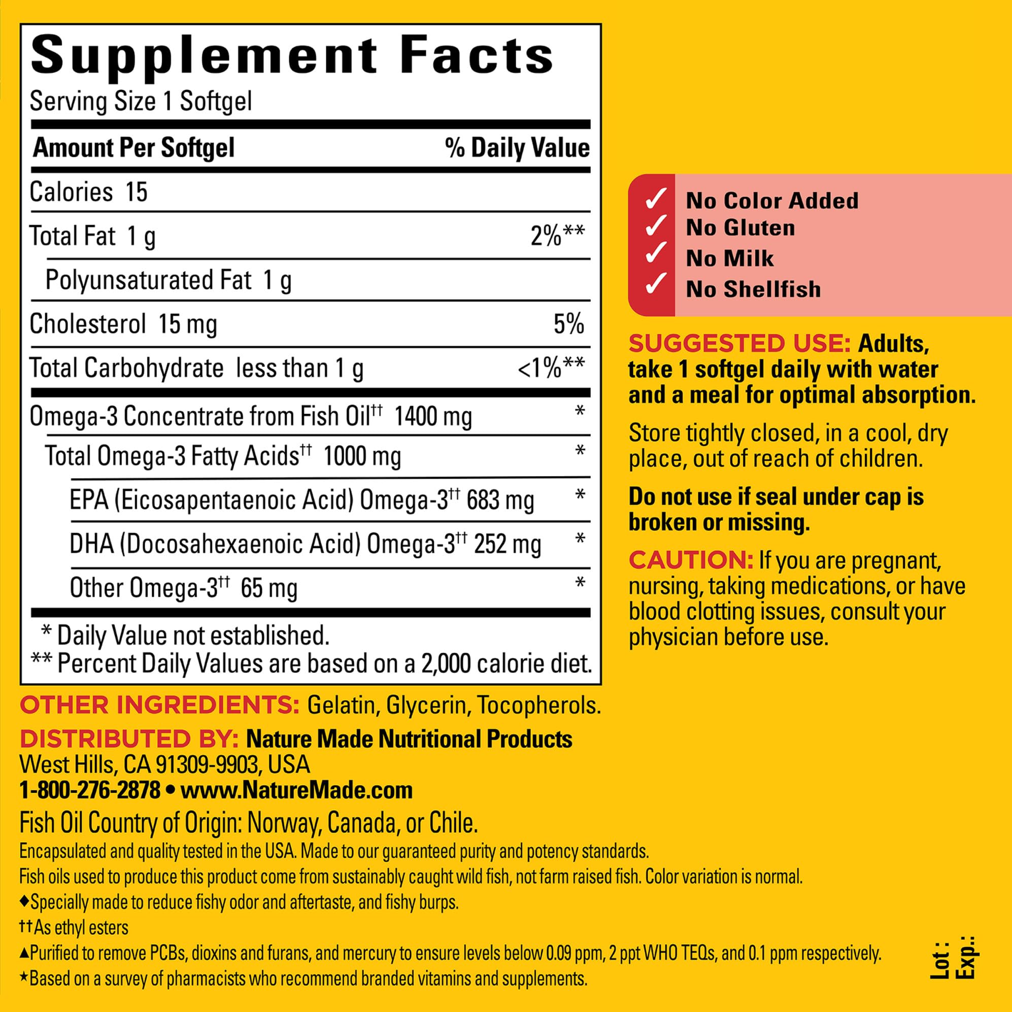 Nature Made Burp Less Ultra Omega-3 softgels label highlights purified EPA and DHA.