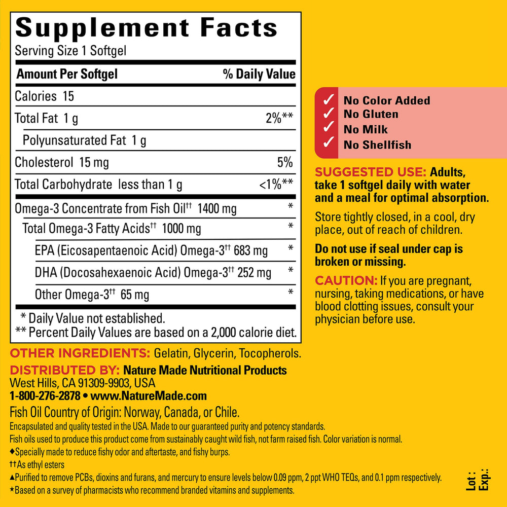 Nature Made Burp Less Ultra Omega-3 softgels label highlights purified EPA and DHA.