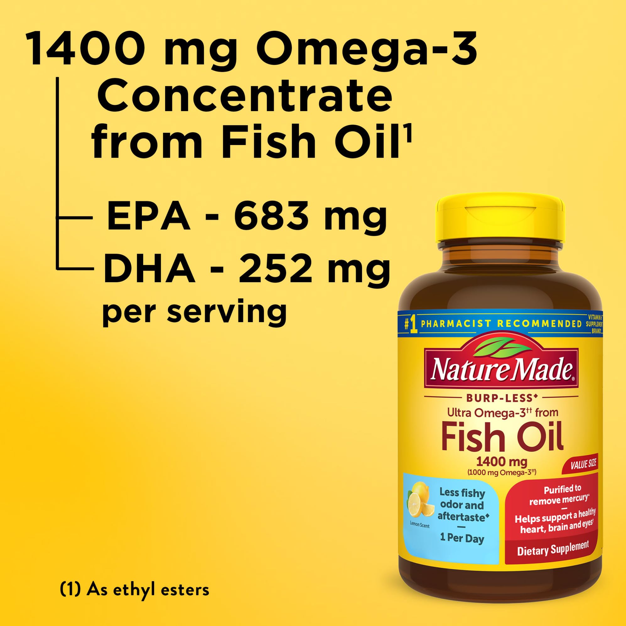 Nature Made Burp Less Ultra Omega-3 softgels lemon scent reduces aftertaste during use.