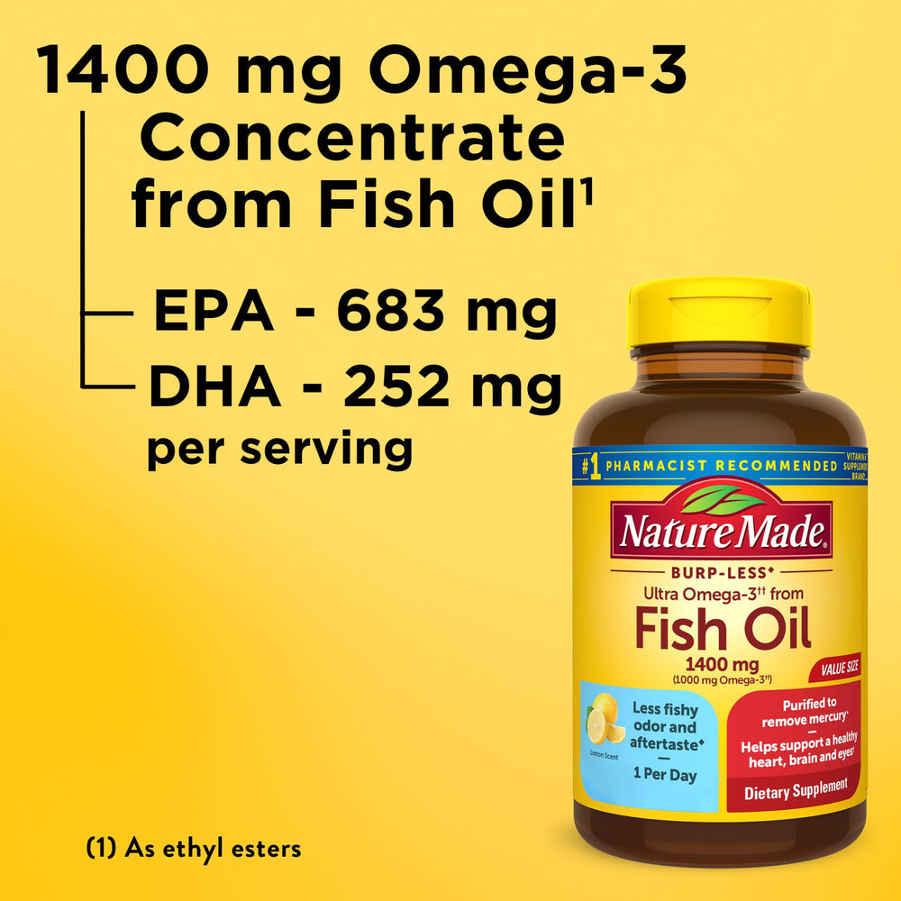 Nature Made Burp Less Ultra Omega-3 softgels lemon scent reduces aftertaste during use.