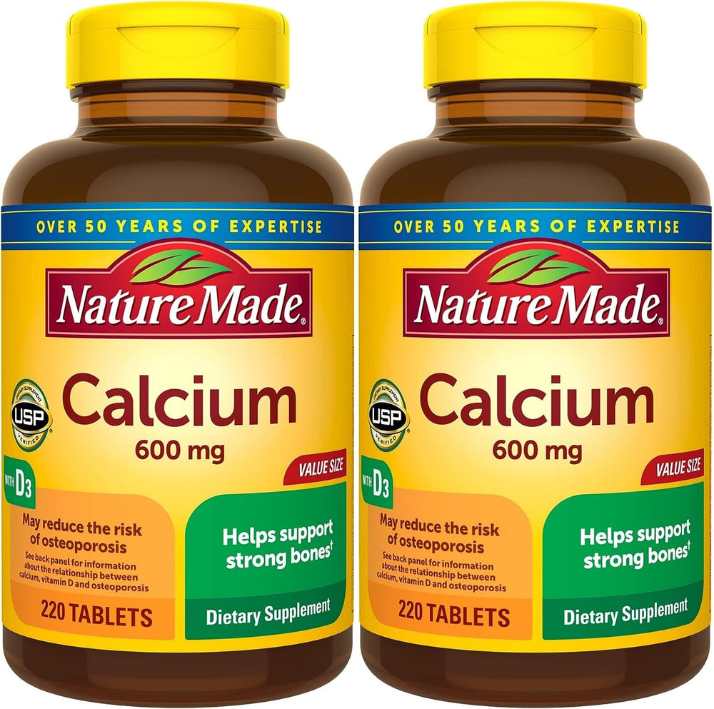 Nature Made Calcium 600 mg with Vitamin D3 bottle front showing product packaging for daily bone support