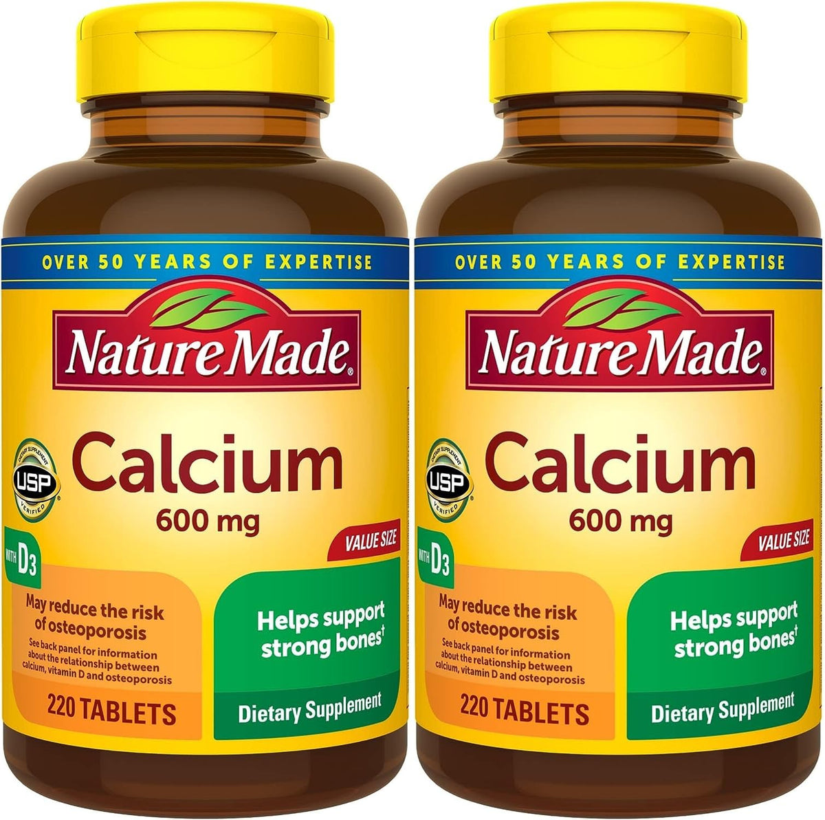 Nature Made Calcium 600 mg with Vitamin D3 bottle front showing product packaging for daily bone support