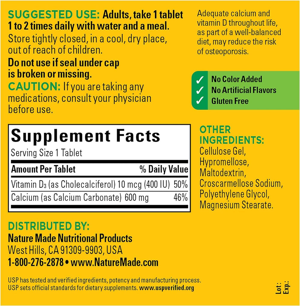 Nature Made Calcium 600 mg with Vitamin D3 nutrition facts closeup
