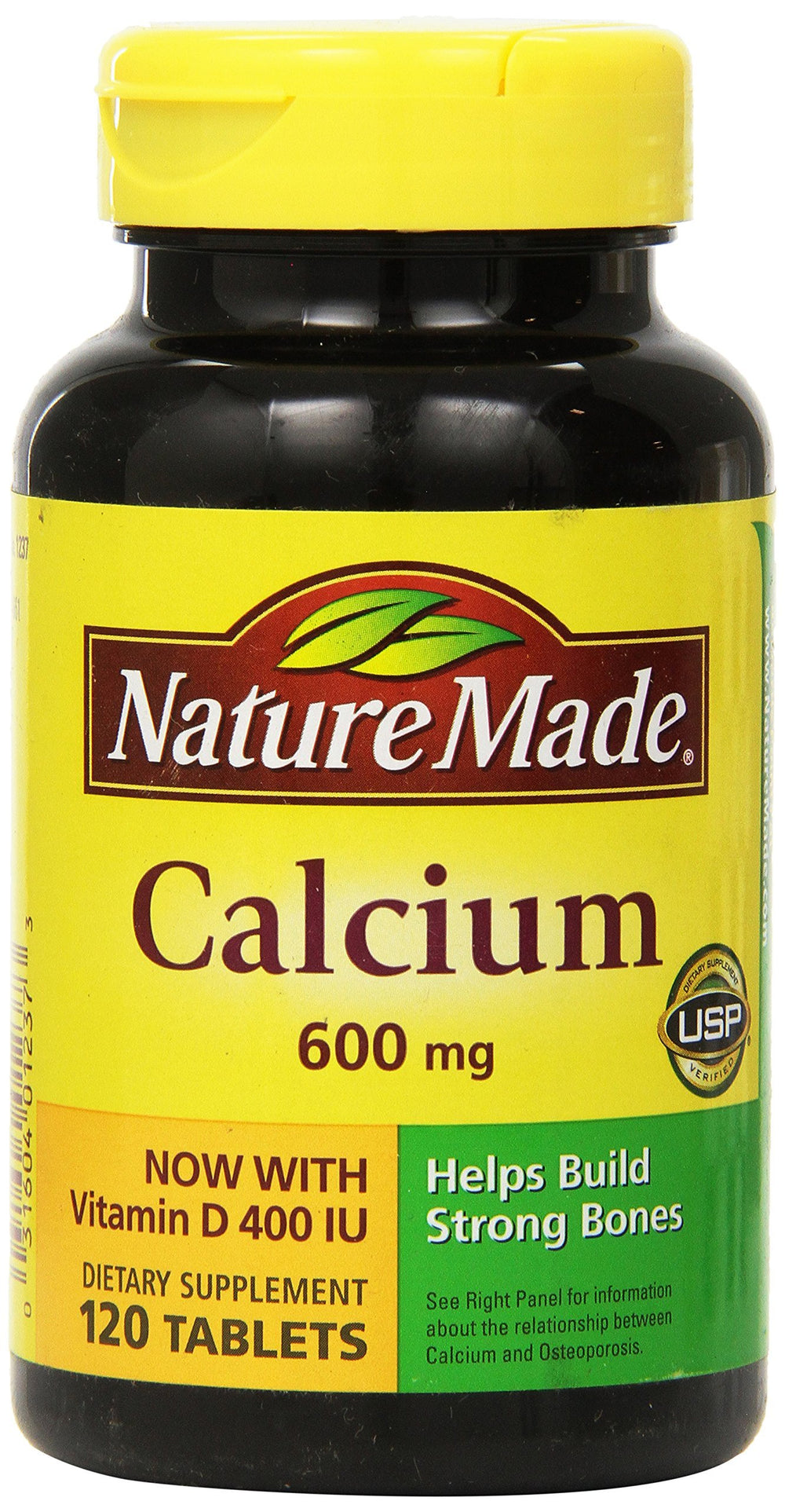 Nature Made Calcium 600 mg with Vitamin D3 bottle front showing bone health support.