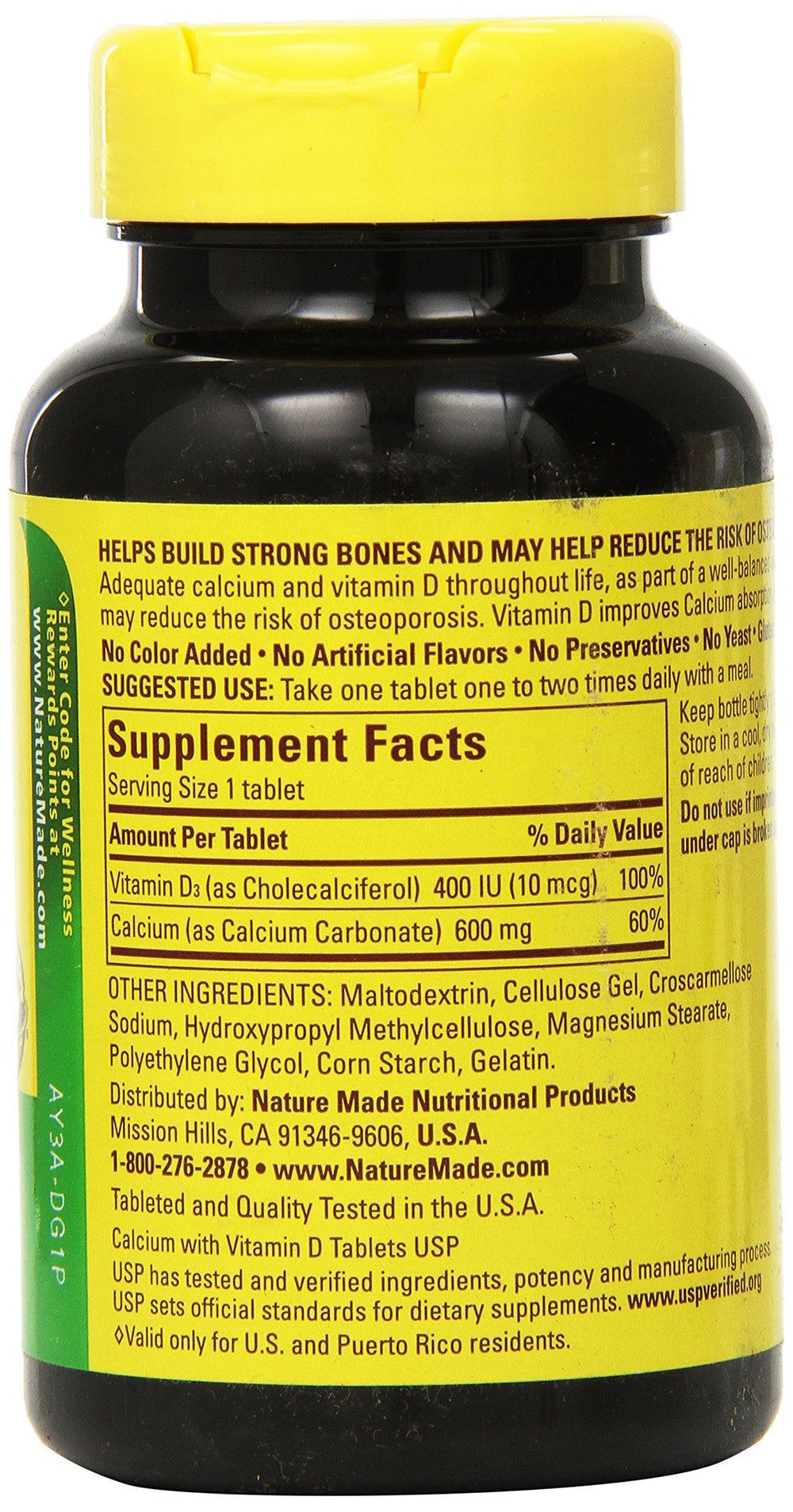 Close-up of Nature Made Calcium 600 mg tablets for daily support.